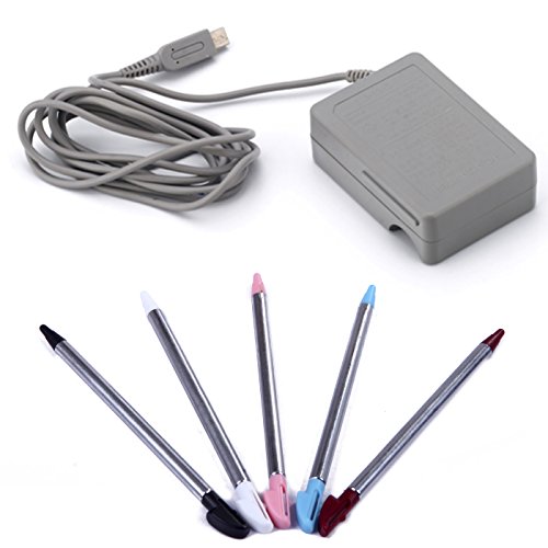 HDE Accessory Bundle For Nintendo 3DS Power Adapter AC Wall Charger + 5-Pack Metallic Retractable Touchscreen Stylus Pens