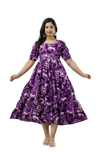Image of Women's Rayon Anarkali Maternity Ankle Length Dress, Pregnancy Dress,Feeding Kurti,Easy Brest Feeding Dress, with Both Side 9 inch Zipper and Belt