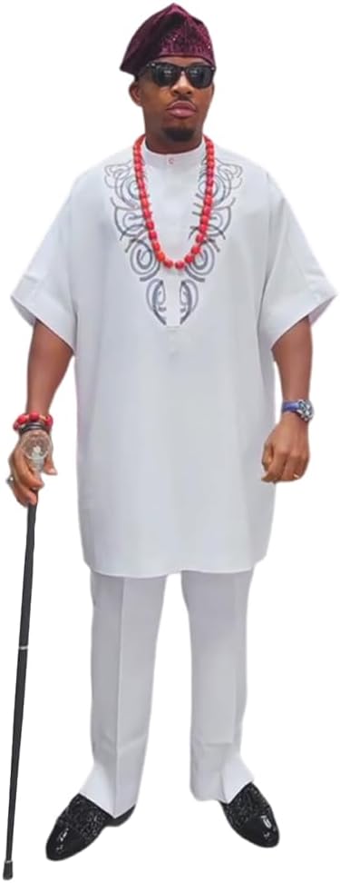 HD African Parent-Child Clothes Set Mens Embroidery Dashiki Outfit 2 Pieces Shirt and Pants Short Sleeves