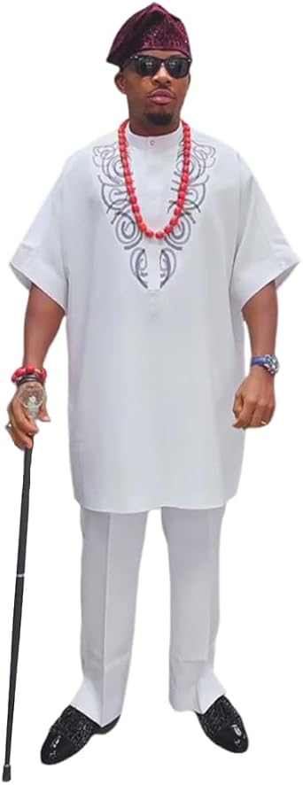 HD African Parent-Child Clothes Set Mens Embroidery Dashiki Outfit 2 Pieces Shirt and Pants Short Sleeves