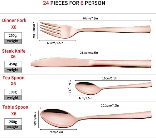 Velaze Cutlery Set, 24 Pieces Stainless Steel Copper Flatware Set, Service for 6, Silverware with Spoon Knife and Fork Set, Easy Clean, Dishwasher Safe