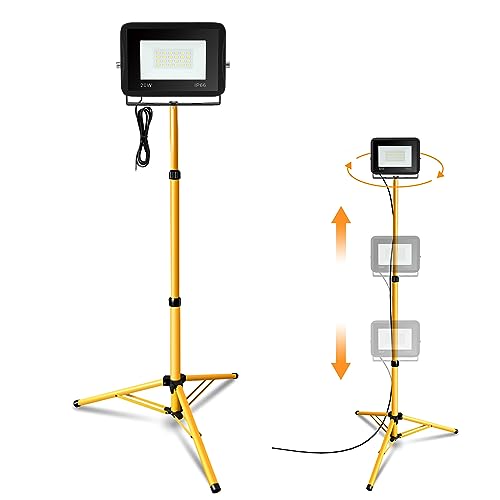 Jiubiaz Proiettori Treppiede LED Faro Faretto cavalletto telescopico, 20W 1700LM Bianco Caldo per illuminazione del cantiere, altezza regolabile, impermeabile IP66 (cavo 1m, senza spina)