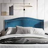 Castle Place Twin Curved Velvet Upholstered Headboard with Chrome Nailhead Trim, Navy Blue