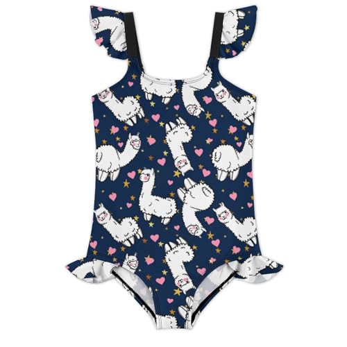 Image of Girls One Piece Swimsuit Cute Alpacas Hearts Stars Ruffles Swimwear Bathing Suits 3-12 Years