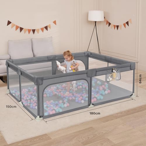 Dripex Laufstall Baby 150x180cm, Laufgitter Baby, Laufstall mit atmungsaktivem Netz, Laufgitter 210D Oxford Gewebe, Playpen, kinderlaufstall, Große Sicherheitsspielplatz, Grau