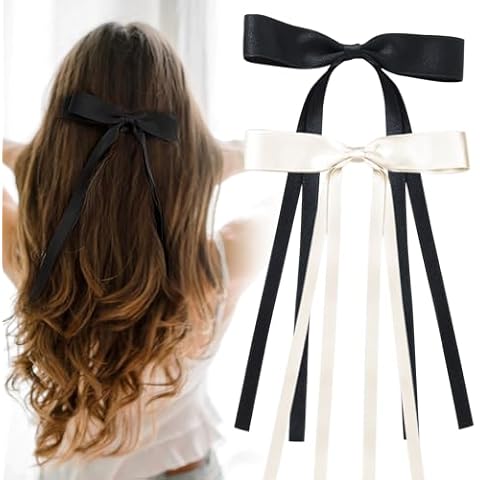 2 PCS Hair Bows for Women Girls Large Hair Barrettes Hair Ribbon Bows with Long Tail Cute Aesthetic Hair Accessories Metal Hair Clip for Toddlers Teens Kids Birthda Party Show Christmas(Black+Beige) Cover