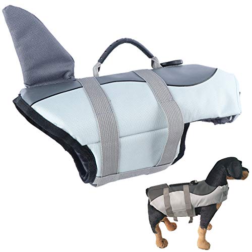 Olgaa - Chaleco salvavidas para perro de verano con flotabilidad superior y mango de rescate para piscina o surf, color gris
