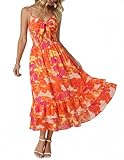 GRACE KARIN Lässiges Damen Kleid Maxikleid mit Spaghettiträgern Falten und lockerer A Linien Schnitt Boho Blumenkleid Party Prom Holiday BeachWeiß orange Blumen S
