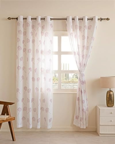 Image of THE LINEN COMPANY Cotton Solid Sheer Door Curtain with Steel Grommet Rings, 4.5 Ft X 7 Ft, Wine Dandelions, Set of 2 Pcs