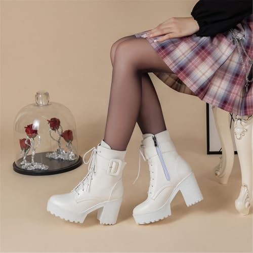 Image of FOREADA Goth Platform Heel Combat Boots Women Pearl Lace Victorian Booties
