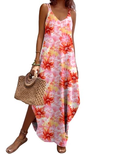 Zeagoo Maxi Dresses for Women Loose Vacation Beach Dress Pink Floral M