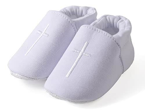 Baby Baptism Shoes, White, Size 3-18 Months, Unisex, Baptism & Easter, Casual, Pull-On, Round Toe, Embroidered Cross