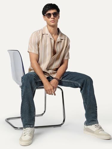 Image of Urbano Fashion Men's Cotton Half Sleeve Relaxed Fit Linen Striped Shirt with Cuban Collar