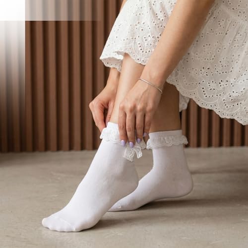 Image of Jspupifip 6 Pairs Lace Ruffle Frilly Crew Socks for Women Girls | Cotton Breathable Cute Princess Ankle Dress Lace Socks Thin Cool Casual Socks