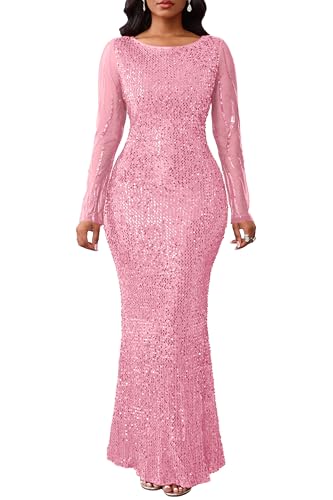 VERWIN Women's Sequins Bodycon Round Neck Long Sleeve Sparkly Mermaid Maxi Casual Party Cocktail Dress M Pink