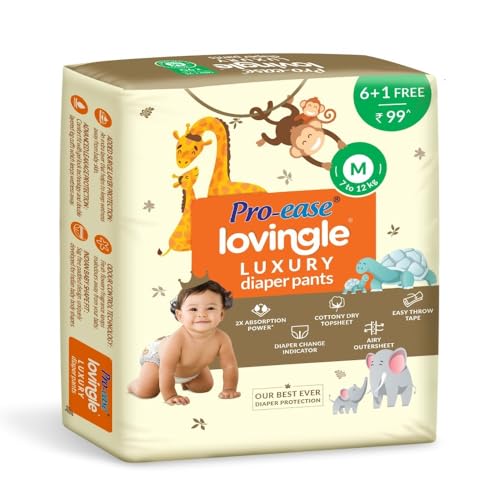 Image of Pro-ease Lovingle Luxury Wrapper Baby Diaper|Pant Style Diaper For Baby|Diaper M Size|2X Absorption*IAdvanced Leakage Protection|Wetness Indicator|Rash Free Diaper|7-12 Kg|7(6+1 Free) Pieces
