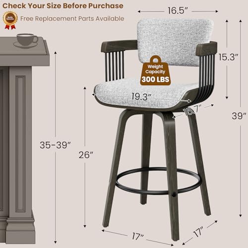 Butacos REONEY estilo mid-century, estructura de madera curvada, tapizado en tela de lino gris oscuro | Altura 26 pulgadas, giro de 360°, brazos curvos y respaldo ergonómico para islas de cocina y bares en casa miniatura 2