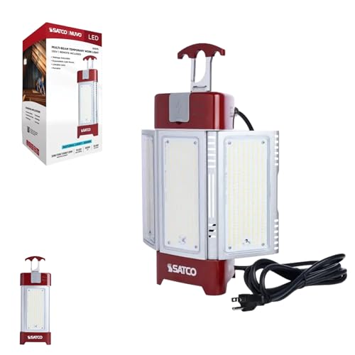 Satco S13175 30/70 / 100/120 Watt LED Work Light with Remote 5000K Natural Light IP64 Rated Red Finish Step Dimmable 120 Volt Portable Utility Fixture