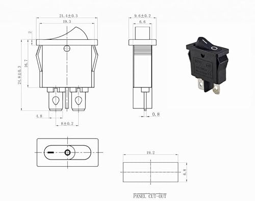 Mini-Wippschalter 7x19mm, Geräteschalter 2pin 250VAC 6A, 12V 20A DC (6V 9V 12V 24V 125V AC/DC) ON-OFF schwarz, Wippschalter für Tischlampe, unbeleuchtet