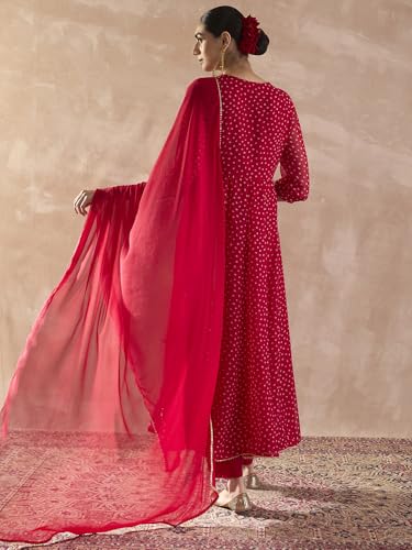 Image of INDO ERA Women's Georgette Floral Embroidered A-Line Kurta & Pant with Dupatta Set
