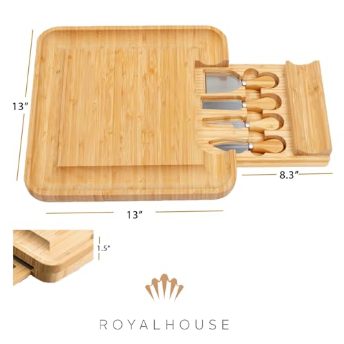 RoyalHouse Bamboo Cheese Board and Knife Set with Slide-Out Cutlery Drawer - Charcuterie Boards Set & Cheese Platter - Birthday Gifts for Women, Wedding Gifts for Couples 2025, Bridal Shower Gifts