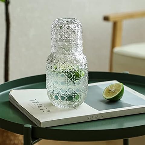 NLDGR Clear Glass Bedside Night Water Carafe with Tumbler Glass,Night Water Carafe for Bedroom Nightstand,Desktop Water Carafe and Glass Set Cover