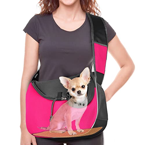 WOYYHO Large Dog Sling Carrier Pet Sling Carrier Mesh Hand Free Safe Dog Crossbody Bag Dog Satchel Carrier with Bottom Pad Support for Small Medium Dog Cat Rabbit ( Pink )