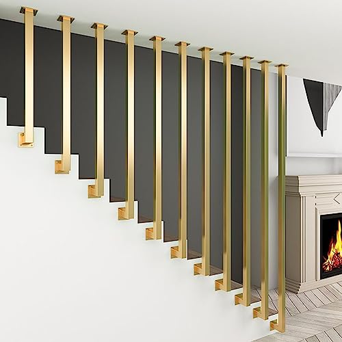 Stair Railing Staircases Handrails for Banister Steps, Galvanized Iron Stairway Guardrail Ceiling Mounted Hand Railings with Instantrail Kit, 30-150cm, Gold L-type Square Support Rods ( Size : 4.1 FT