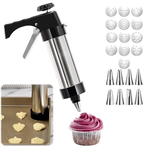 Spritz Kit de presse à biscuits en acier inoxydable avec 13 disques à biscuits et 8 embouts de tuyauterie, presse à biscuits pour la pâtisserie et le glaçage de gâteaux