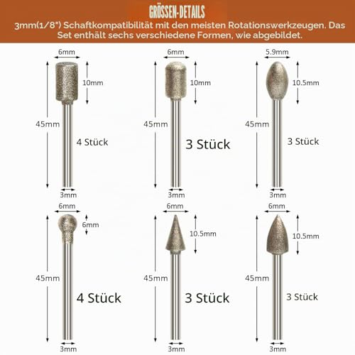 20 Stück Diamant Fräser Set,Diamant Frässtifte Schleifstifte Kompatibel mit Dremel Rotary Tool Zubehör mit 1/8\ Schaft Passform für Stein Glas Keramik Schnitzen,Schleifen,Polieren,Gravieren,Bohren