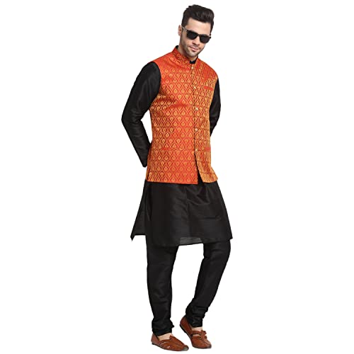 Image of KRAFT INDIA Mens Gold Silk Blend Kurta and Churidar Set With Jacquard Paisley Nehru Jacket