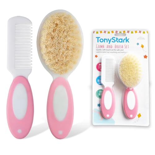 Image of TONY STARK Baby Brush and Comb Set, Newborn Essentials Set with Baby Comb and Soft Bristle Hair Brush for Your Toddler's Scalp (Pink)