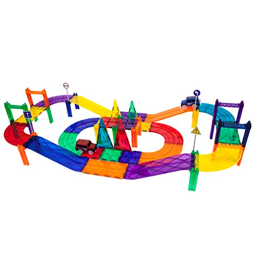 Picassotiles 80 Piece Race Car Track Building Block Educational Toy Set Magnetic Tiles Magnet Diy Playset 2 Light Up Car Stem Learning Construction Kit Hand-Eye Coordination Fine Motor Skill Training #TOP3