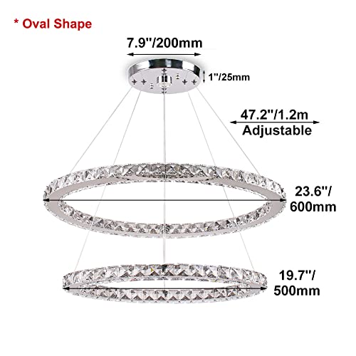 Modern Crystal Chandeliers Oval 2 Rings Pendant Lighting Adjustable Stainless Steel Ceiling Lights Fixtures For Dining Room Living Room Bedroom 6000K(Cool White 19.7"/23.6") #TOP5