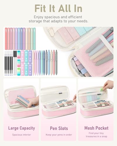 Four Candies 39 PCS Aesthetic Stationery Set with Organizer, College Supplies and Nursing Essentials, 12 Pastel Highlighters, 5 Black Gel Pens, 6 Mechanical Pencils, Pink