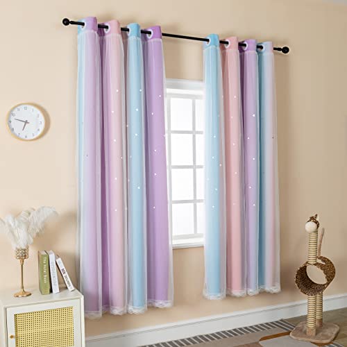 Lugotal Curtains For Girls Bedroom Purple And Pink Kids Curtain Star Cutout Rainbow Curtain For Girls Room Decor Window Nursery Curtain 63 Inches Long Room Darkening Grommet, 2 Panels, W52 X L63 #TOP1