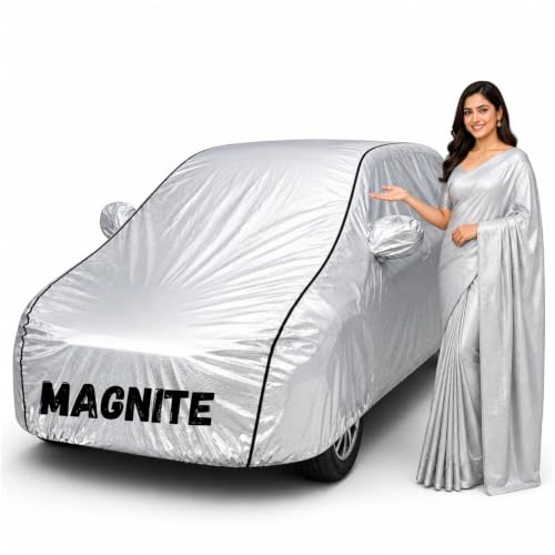Image of Waterproof Car Body Cover for Magnite All Weather Protection Comes with Inner Cotton Lining & Triple Stitched with Mirror & Antenna Pocket Belt & Elastic Fit Metallic Silver with Black Piping