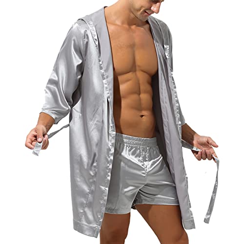 Men's Hooded Robe Set Silk Satin Night Gown Sleep Bathrobe Robe Pajama Smooth Nightwear