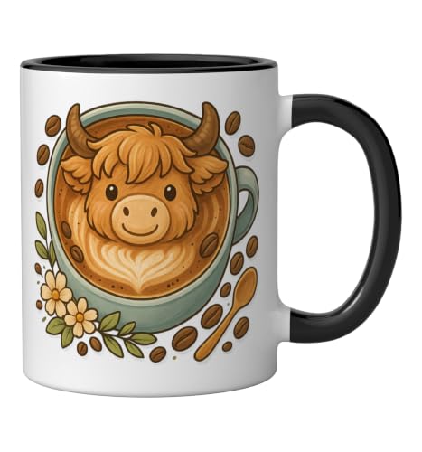 Highland Cow Latte Art Coffee Lovers Scottish Cow Ceramic Mug, Black/White, 11oz by Highland Cow Coffee Friends Co - Used condition - Image 2
