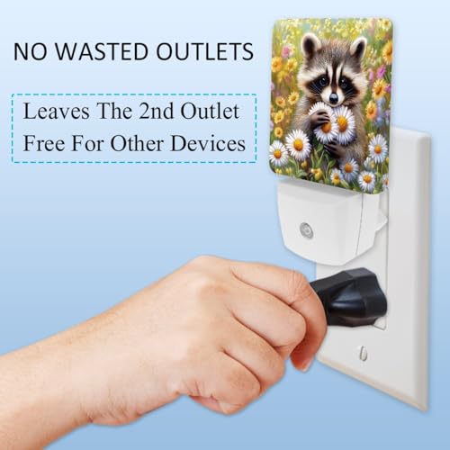 Image of NEWzone Raccoons Daisy Night Light Set of 2, Auto Sensor LED Dusk-to-Dawn Nightlights, Plug-in Sensor Lamp for Bedroom Bathroom Kitchen Hallway Stairs Decorative