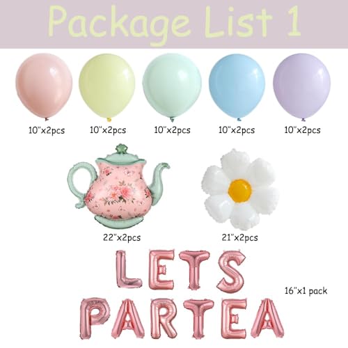 Image of Tea Party Decorations 26Pcs Macaron Balloons with LETS PARTEA Foil Balloon Banner, Teacups andTeapot Hanging Swirls for Floral Spring Birthday Mother's Day Talking Tables Tea Party Supplies