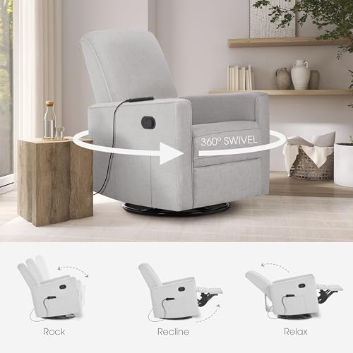 Image of Evolur Raleigh Glider with Massager in Charcoal, Upholstered Plush Seating 360 Swivel Glider Rocking Chair, FSC Certified, Greenguard Gold & JPMA Certified Nursery Glider Recliner