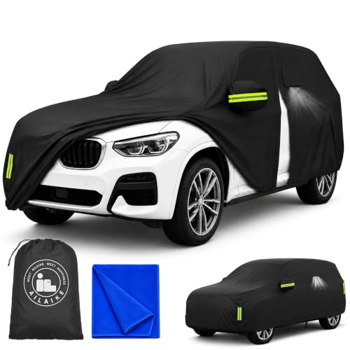 Image of Car Cover All Weather Custom Fit for BMW X3 Waterproof 10 Layers 210T Full Cover Universal Heavy Duty Sun UV Rain Hail Protection with Driver Door Zipper Breathable Vents.