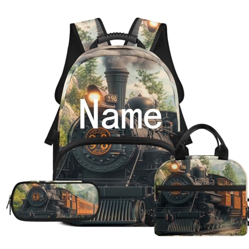 Retro Steam Engine Train Kids Backpack with Lunch Box for Boys 5-7 Custom Name Set of 3 Train School Bag and Pencil Case with Name 17 Inch School Bookbag for Primary Students