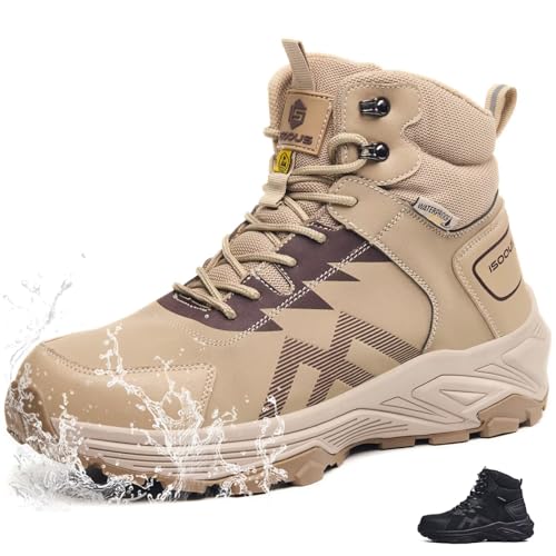CYKYGGO Botas de Seguridad para Hombre S3 Impermeable Zapatos de Seguridad Mujer Altos ESD Ligeros Botas de Trabajo Antiestático Beige EU 42