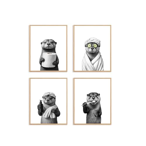 Image of Boat Wades Funny Sea Otter Bathroom Wall Art Prints Set of 4, Coastal Beach Bathroom Decor, Otter Animal Posters Pictures Wall Decor for Bath Room Washroom Restroom Toilet, 8x10 Unframed