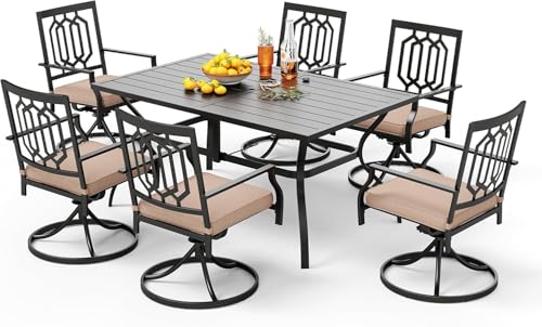 Image of PHI VILLA 7 Pcs Patio Dining Set for 6,60 inch Steel Table& Swivel Chairs | Rectangular Dining Table and 6 Swivel Patio Dining Chairs w / cushions for Outdoor Backyard Bistro Furniture Set