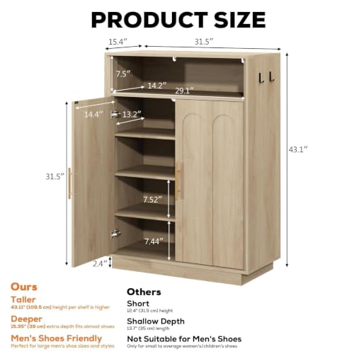 Image of Shoe Cabinet with Arched Doors, 43 inch Tall Large Hidden Shoe Storage Cabinet with Adjustable Shelves, 5-Tier Mid Century Modern Shoe Rack Organizer for Entryway Hallway Living Room,Oak, Set of 2