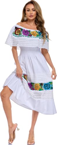 Image of YZXDORWJ Women Embroidered Mexican Peasant Casual Sexy Lace Off-Shoulder Long Dress