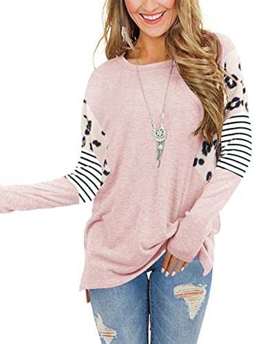 Yuccalley Women's Striped Leopard Print Tops Casual Long Sleeve Pullover Round Neck Tunics Shirts #TOP30